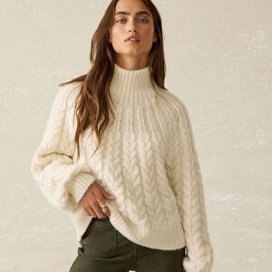 Faherty Ivory Cable Knit Turtleneck Sweater
